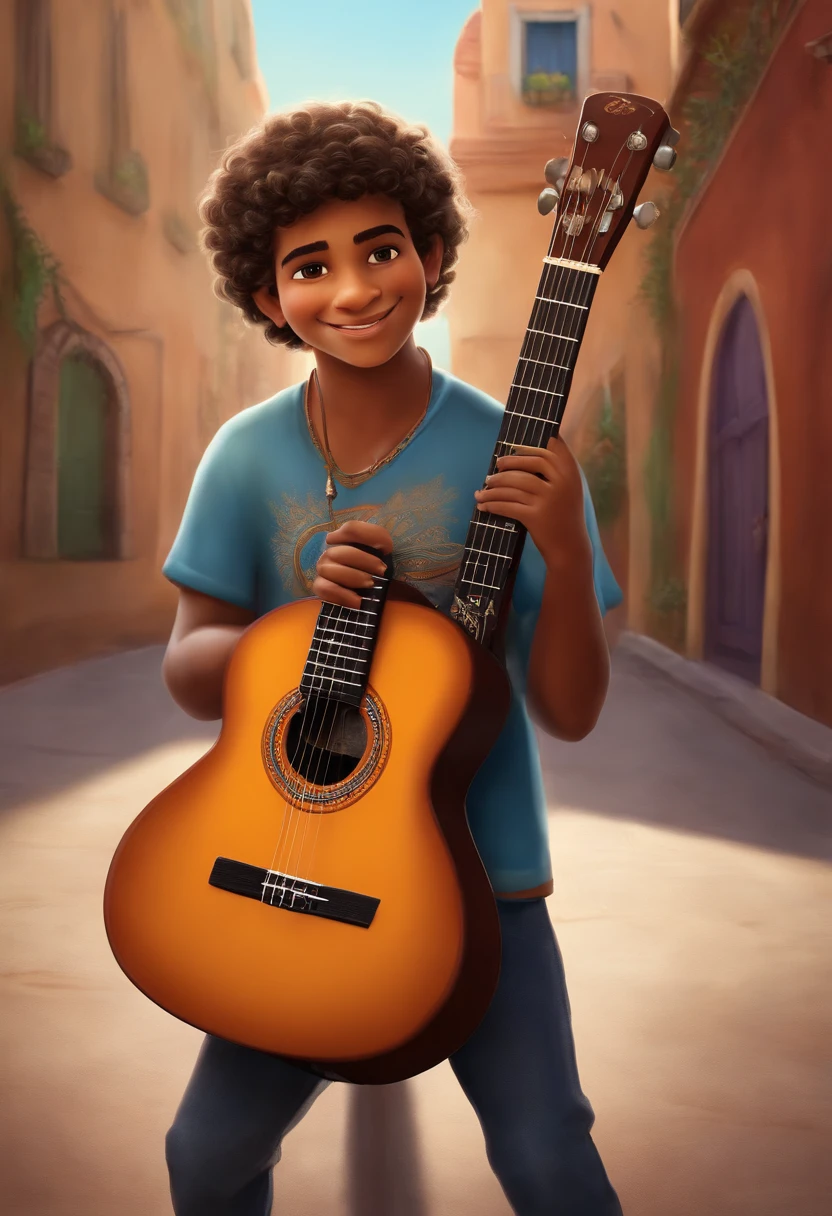 crie um banner no estilo Pixar. A boy with Indian features, moreno pardo com cabelos curtos, Castanhos escuros, Curly and slightly grayish appearance, mas jovem, usando uma camiseta, Wearing jeans and holding a classical guitar with 7 strings.