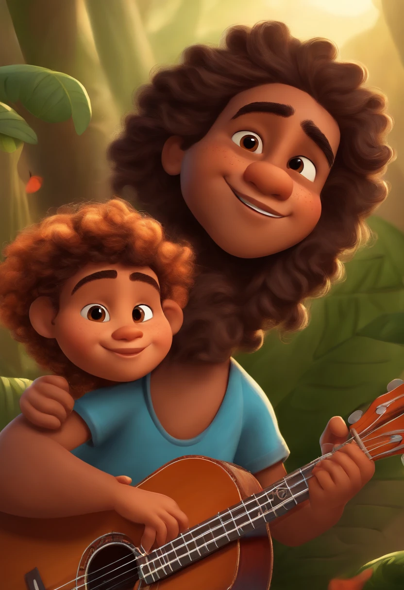 crie um banner no estilo Pixar. A boy with Indian features, moreno pardo com cabelos curtos, Castanhos escuros, Curly and slightly grayish appearance, mas jovem, usando uma camiseta, Wearing jeans and holding a classical guitar with 7 strings.