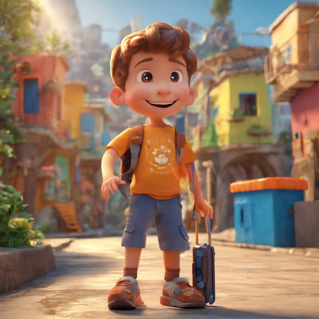 Lucas is a smiling 5-year-old human boy, with his cell phone in his right hand,na paisagem da favela, standing smiling