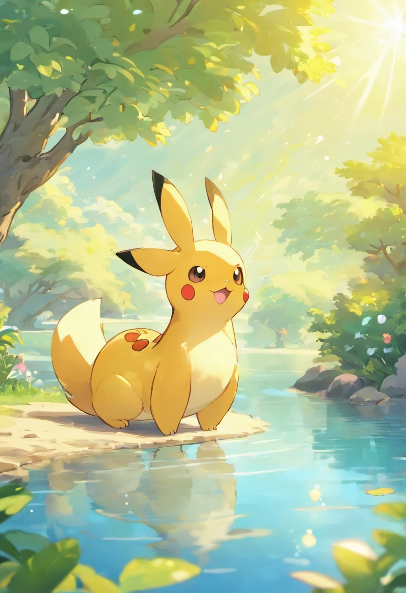 A poignant ultra-high-definition 3D scene showing cinderace making a wish by a tranquil lake. cinderace bellamente renderizado en detalle, se ve soplando suavemente burbujas en el aire, cada uno con un deseo esperanzador. Las burbujas atrapan el reflejo del sol poniente, Creating a Dream, Magic effect. El ambiente general es tierno, lleno de esperanza y serenidad