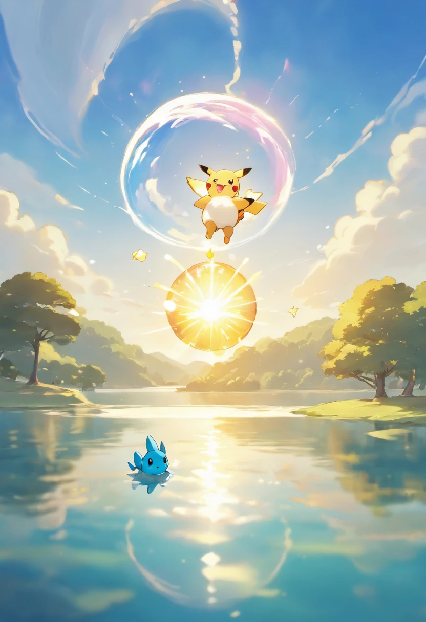 A poignant ultra-high-definition 3D scene showing cinderace making a wish by a tranquil lake. cinderace bellamente renderizado en detalle, se ve soplando suavemente burbujas en el aire, cada uno con un deseo esperanzador. Las burbujas atrapan el reflejo del sol poniente, Creating a Dream, Magic effect. El ambiente general es tierno, lleno de esperanza y serenidad