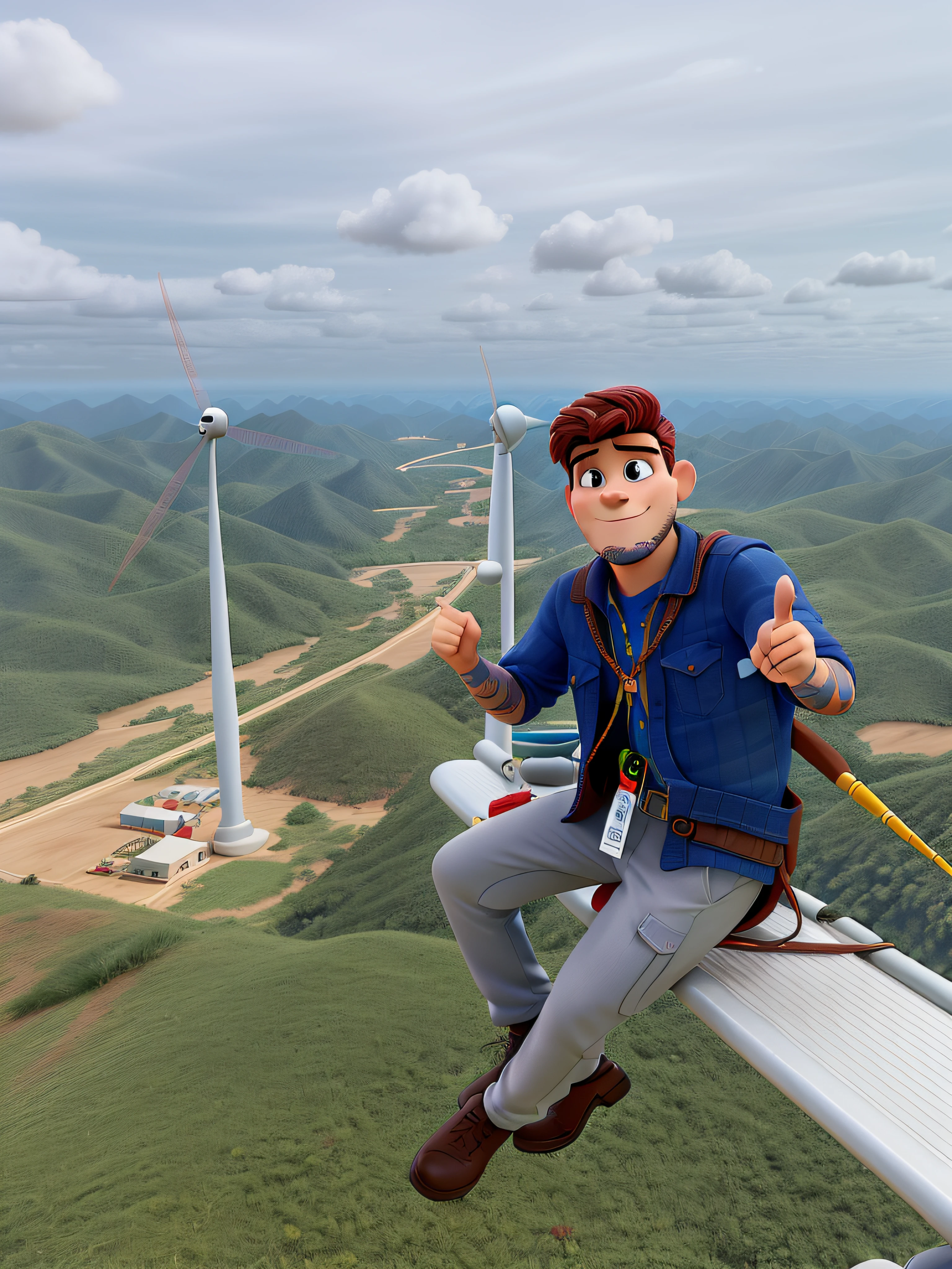 Homem moreno e aerogeradores no estilo Disney Pixar, alta e baixa qualidade.