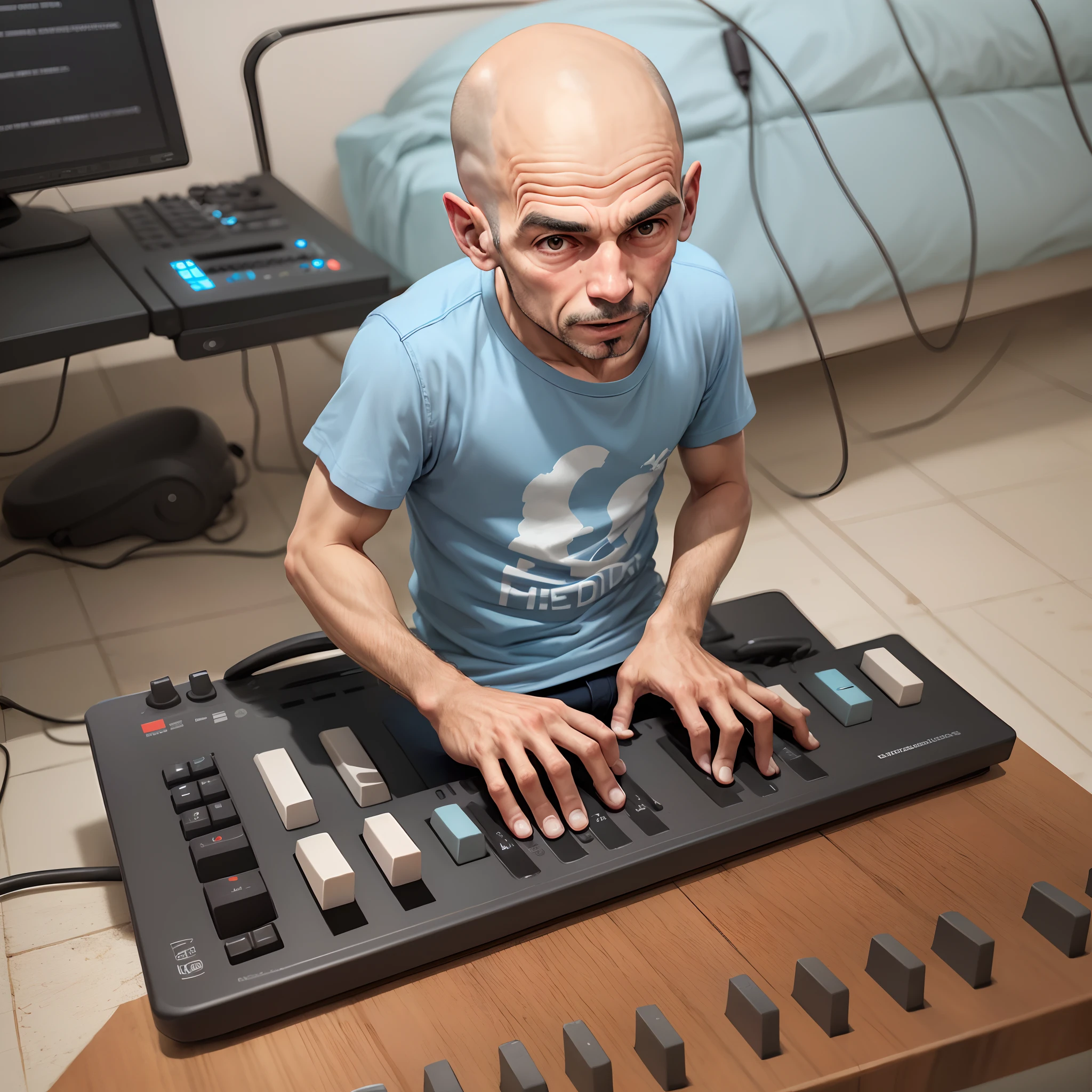 Imagem de um menino careca tocando teclado