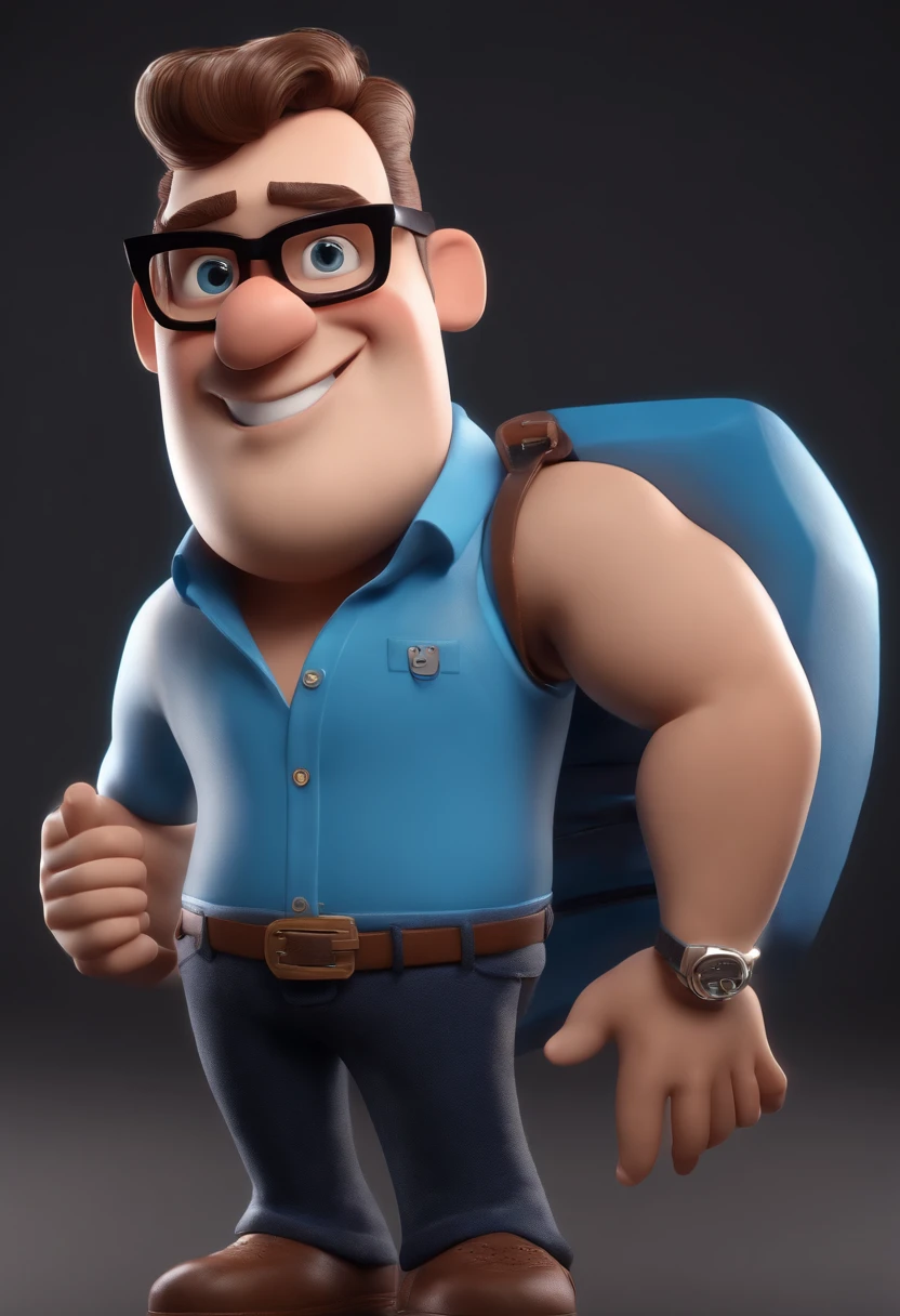 Cartoon character of a man wearing black glasses and a blue shirt, um personagem animado, Caractere estilizado, animation style rendering, 3D estilizado, Arnold Maya render, 3 d render stylized, toon render keyshot, Personagem 3D, Personagem 3D, 3d rendering stylized, 3 d character render, personagem de desenho animado, Personagem de close up, Pose de personagem, (Estilo Pixar) (master part:1.2) (Bokeh) (best quality) (pele detalhada) (textura detalhada) (8k) (argila) (Cinematic lighting) (foco nítido，Senta e vaza a parte superior do corpo