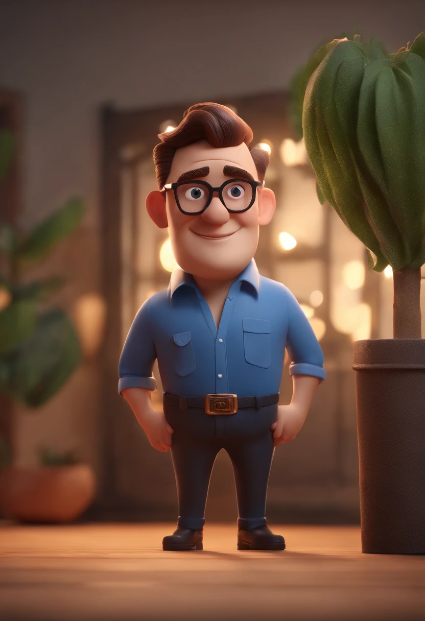 Cartoon character of a man wearing black glasses and a blue shirt, um personagem animado, Caractere estilizado, animation style rendering, 3D estilizado, Arnold Maya render, 3 d render stylized, toon render keyshot, Personagem 3D, Personagem 3D, 3d rendering stylized, 3 d character render, personagem de desenho animado, Personagem de close up, Pose de personagem, (Estilo Pixar) (master part:1.2) (Bokeh) (best quality) (pele detalhada) (textura detalhada) (8k) (argila) (Cinematic lighting) (foco nítido，Senta e vaza a parte superior do corpo