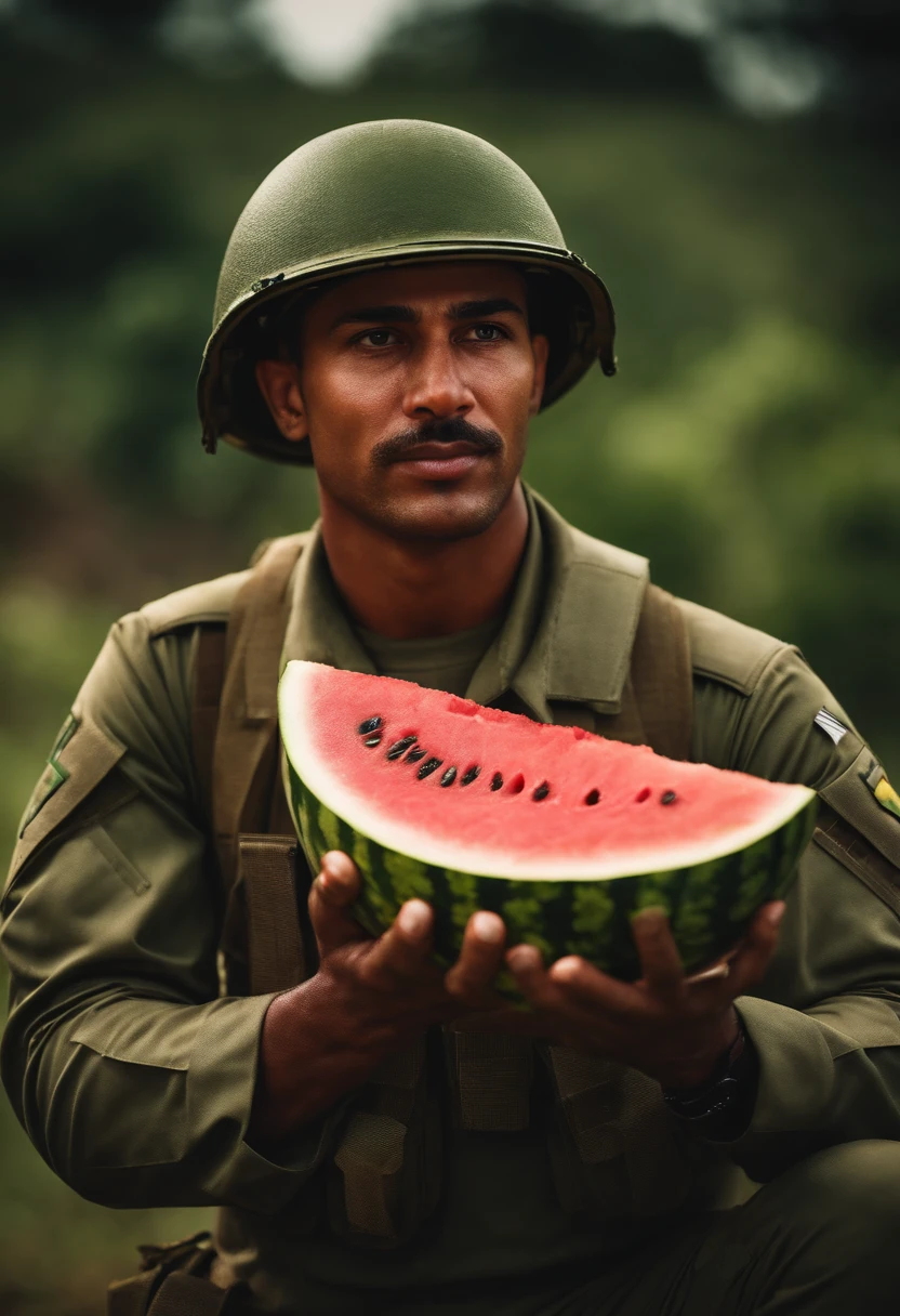 A Brazilian Army Soldier Holding a Watermelon