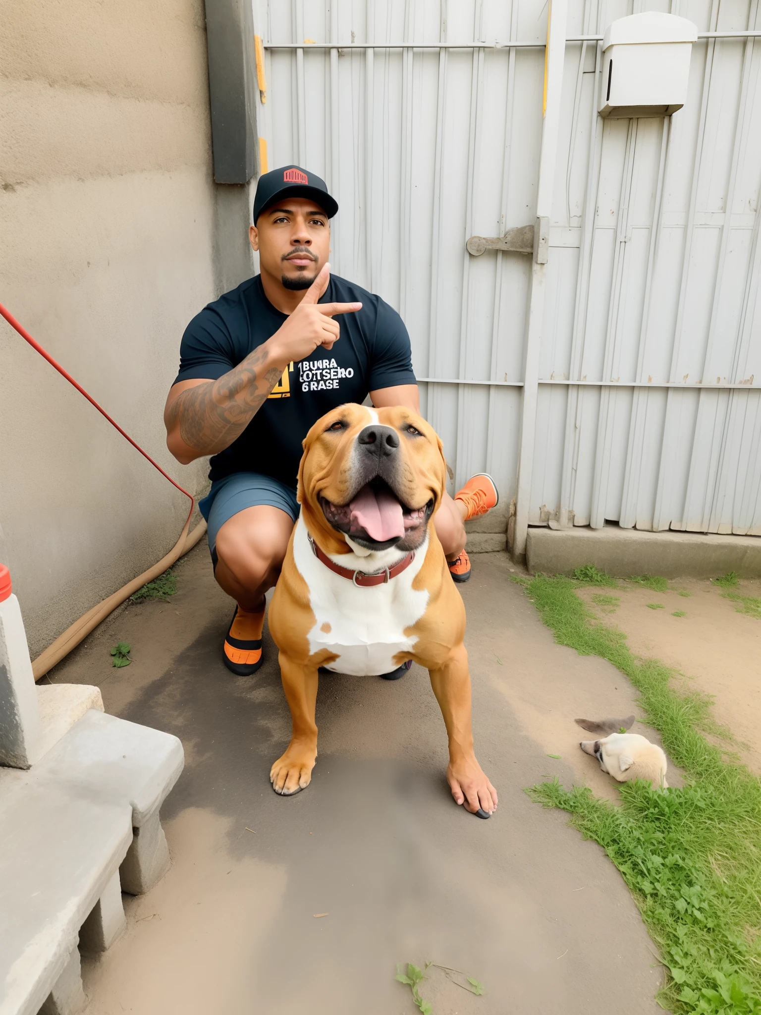 There's a man kneeling with a dog on the ground, Ciborgue - Pitbull tirando uma selfie, Giga Chade Capaybara, pitbull, Ciborgue - Pitbull, Directed by: Alexander Fedosav, Ronaldo Nazario Fenomeno, Directed by: Luis Miranda, Rocco, olhar orgulhoso, Directed by: Milton Menasco, Directed by: Ivan Ranger, musculoso, Retrato grande, por Pogus Caesar