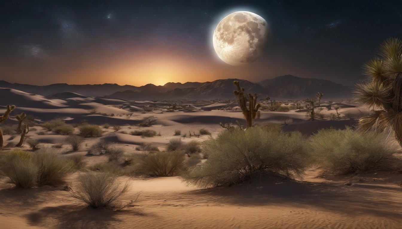 A desert,minuit,The moon and stars fluttering