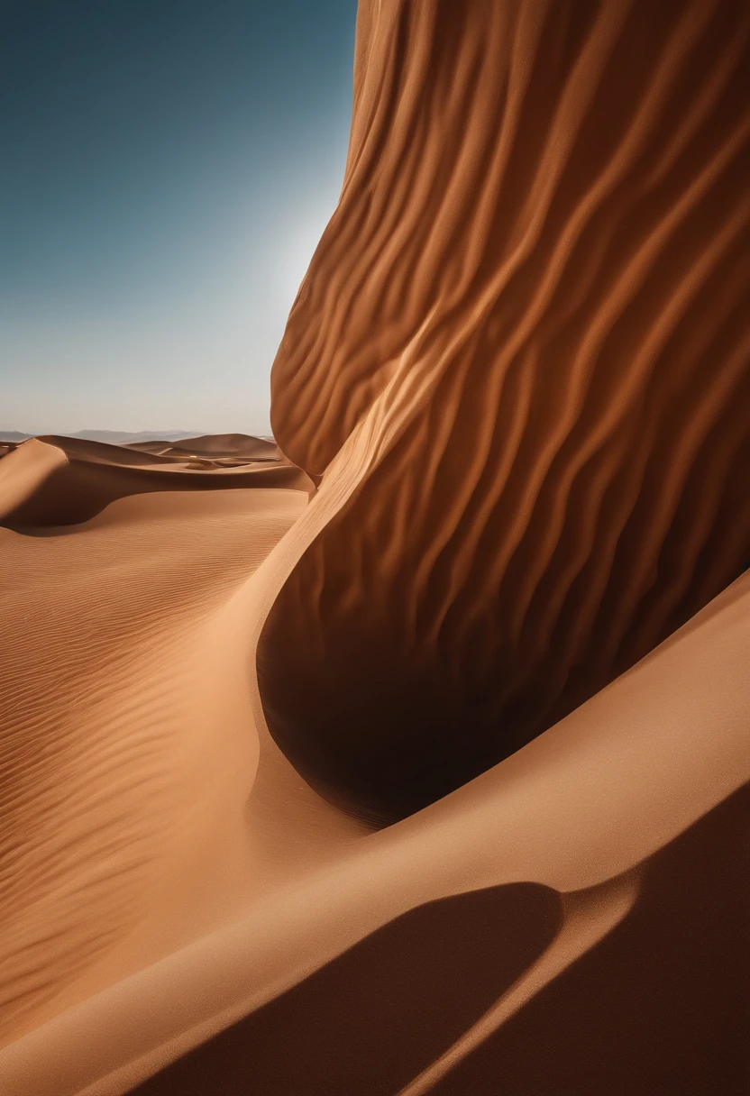 Amidst the barren desert landscape, a short-haired woman stands boldly, her nude figure showcasing her toned ass. By her side, a modern droid hums softly, its cold metal contrasting the organic curves of the woman's body. Nearby, an ancient dinosaur skull lies, a relic from a time long past. The scene is ignited by warm color grading, creating a cinematic shot that leaves a lasting impact. The dynamic lighting casts deep shadows over the woman's figure, accentuating every fine detail in 8k HDR realism. The 75mm frame captures her resistance, her spirit, in this surreal sci