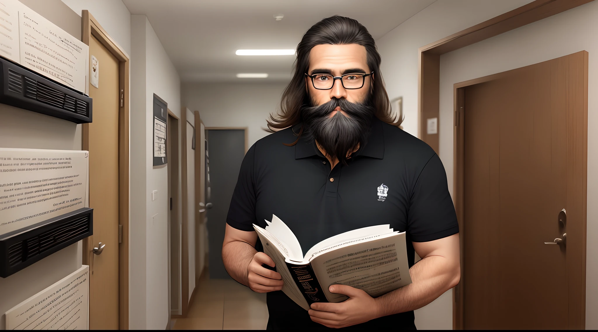 Homem 40 anos cabelo preto curto com pequeno topete, medium-sized voluminous black beard with a few white strands, of reading glasses, em frente a uma loja de instrumentos musicais, usando camisa polo preta