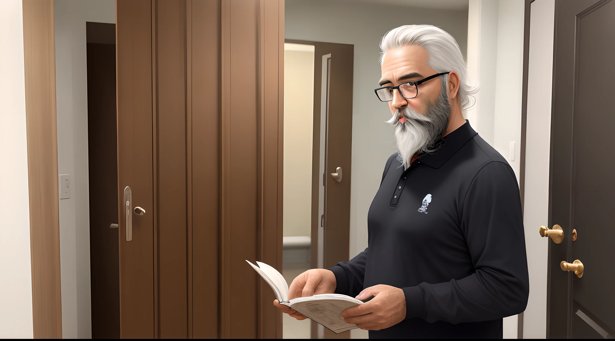 Homem 40 anos cabelo preto curto com pequeno topete, medium-sized voluminous black beard with a few white strands, of reading glasses, em frente a uma loja de instrumentos musicais, usando camisa polo preta