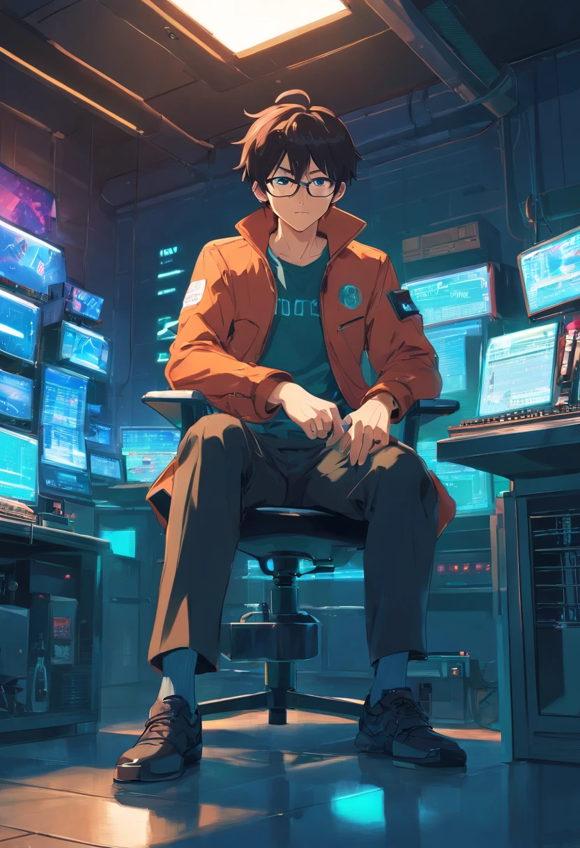 The Stable Diffusion prompt is shown below. Please note that the prompt contains tags that are separated by commas. Do not include any explanations or additional text.

.raw, wide angle, a man in a futuristic dark laboratory sitting in a chair, wearing glasses, reddish black skin, laboratory, hardware, bright environment, neon, (cyberpunk)