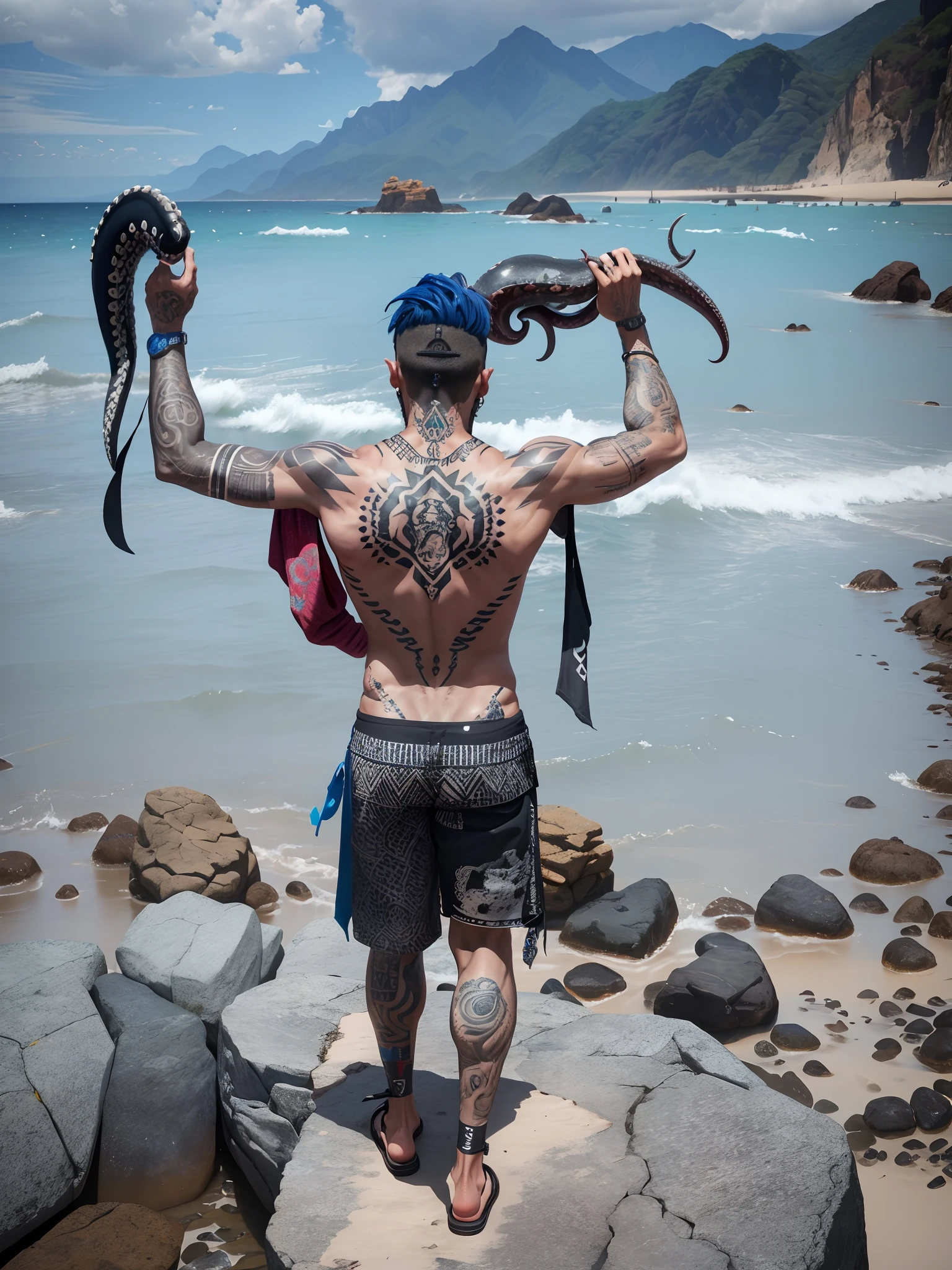 There's a man with a tattoo on his back standing on a rock, with a squid tattoo on his arms, Usando tatuagens shipibo, com uma tatuagem de lula, with a tentacle tattoo, tatuagem nas costas, tatuagens por toda a pele, tatuagem de corpo inteiro, homem tatuado, Arms covered in gang tattoo, com tatuagens, ritualistic tattoos, Directed by: Emerson Silva