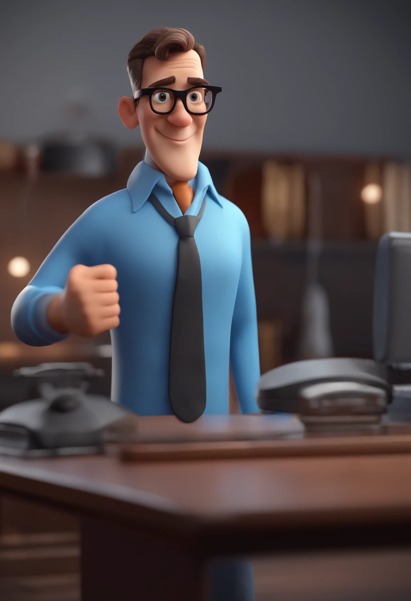 Cartoon character of a man with black glasses and a blue shirt, animation character, Caractere estilizado, animation style rendering, 3D estilizado, Arnold Maya render, 3 d render stylized, toon render keyshot, Personagem 3D, Personagem 3D, 3d rendering stylized, 3 d character render, personagem de desenho animado, Personagem de close up, Pose de personagem,  (Estilo Pixar) (master part:1.2) (Bokeh) (best quality) (pele detalhada) (textura detalhada) (8k) (argila) (Cinematic lighting) (foco nítido