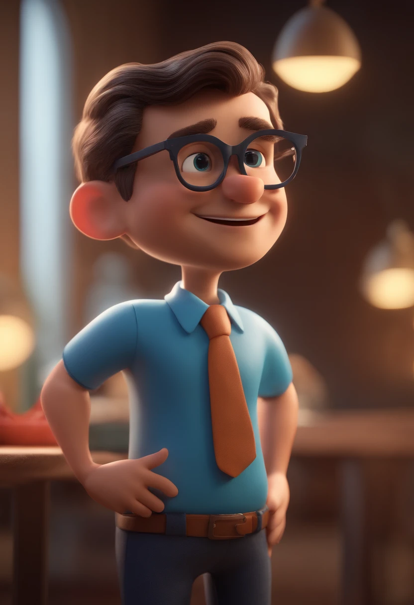 Cartoon character of a man with black glasses and a blue shirt, animation character, Caractere estilizado, animation style rendering, 3D estilizado, Arnold Maya render, 3 d render stylized, toon render keyshot, Personagem 3D, Personagem 3D, 3d rendering stylized, 3 d character render, personagem de desenho animado, Personagem de close up, Pose de personagem, (Estilo Pixar) (master part:1.2) (Bokeh) (best quality) (pele detalhada) (textura detalhada) (8k) (argila) (Cinematic lighting) (foco nítido