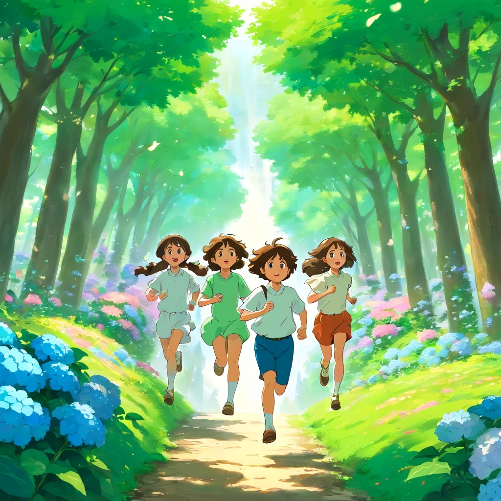 Girls and boys running toward heaven.heaven has trees and hortensia flowers.everything is so shiny and colorfull.childen have white and green clothes