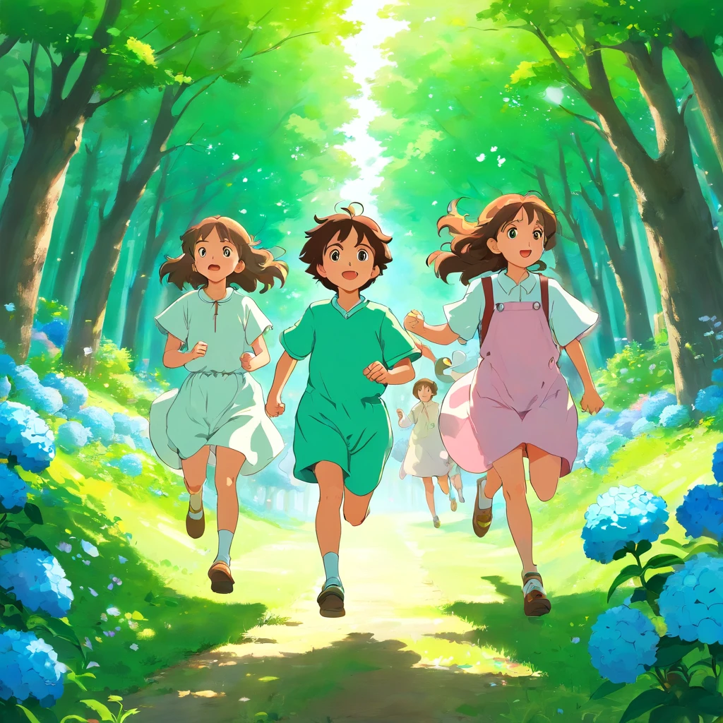 Girls and boys running toward heaven.heaven has trees and hortensia flowers.everything is so shiny and colorfull.childen have white and green clothes