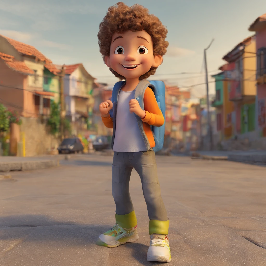 Lucas is a smiling 5-year-old human boy, com seu celular,na favela,standingn, sorrindo, moreno, gordo, cabelo curto cacheado,