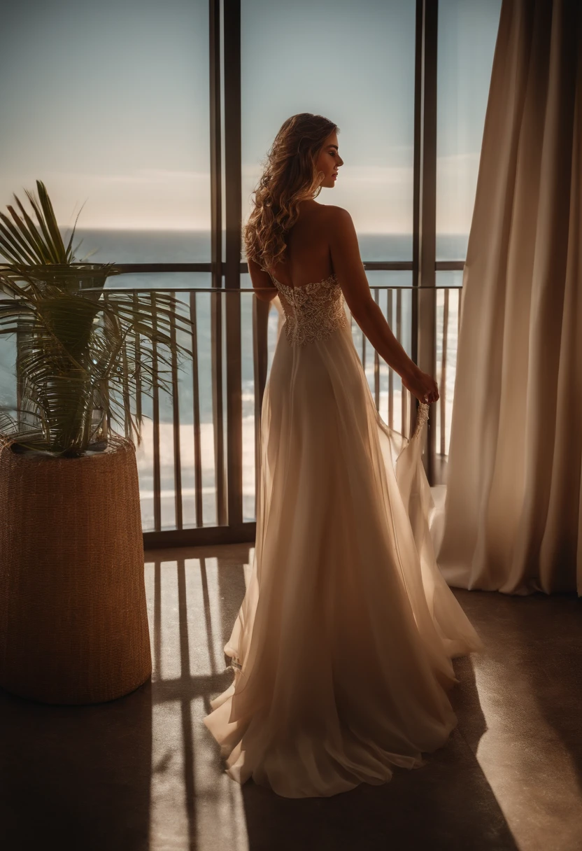 master part, extremely high quality, 8k, HDR, (head to toe:1.4), RAW digital estabelece foto de uma jovem rondoniense ou mulher rondoniense orgulhosa, esguio, corpo e rosto sexy, sorrindo zombeteiramente para o espectador, roupas modernas e caras, adornos de cabelo, joias discretas, Hotel Suite, detalhes intrincados, ao entardecer, Lighting of indoor fixtures and sunsets coming from outside the frame, realistic lighting, dynamic colors from lighting, hiper-realista