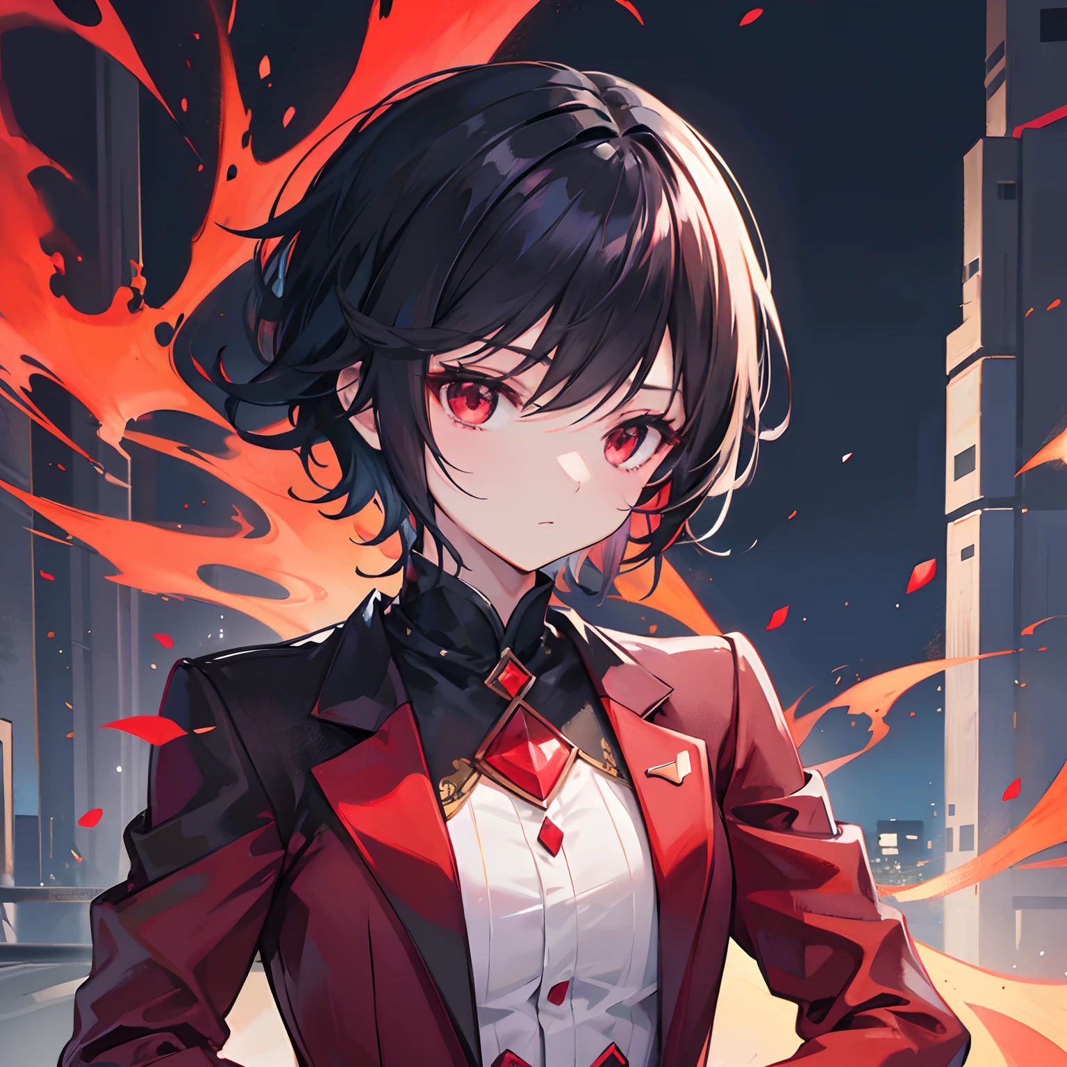 suits、ember、Short-haired black hair、red eyes、nighttime scene