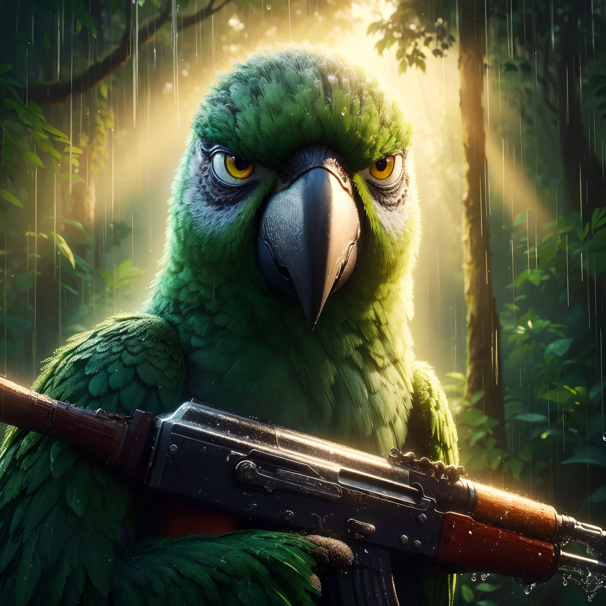 (best quality,highres,masterpiece:1.2),ultra-detailed,realistic,fantastico brazilian,portrait,parrot with human-like expression and a subtle smile,existing within a lush forest illuminated by the sun,gentle raindrops cascading from above,capture the parrot from a frontal perspective as if it were the protagonist of this enchanting scene, highlighted against the vibrant greenery, the parrot reminiscent of the beloved character from the movie "Rio", but armed with an AK47, provoking a sense of intrigue,as the parrot navigates through the forest, searching for something yet unknown, its every move exudes confidence and determination, the atmosphere filled with a sense of adventure and mystery, vibrant colors populating the scene, heightened by the sun's radiant glow, the lighting casting soft shadows and adding depth to the parrot's feathers, bring this extraordinary moment to life with the combination of realistic details and fantastical elements resolution 1080x2340