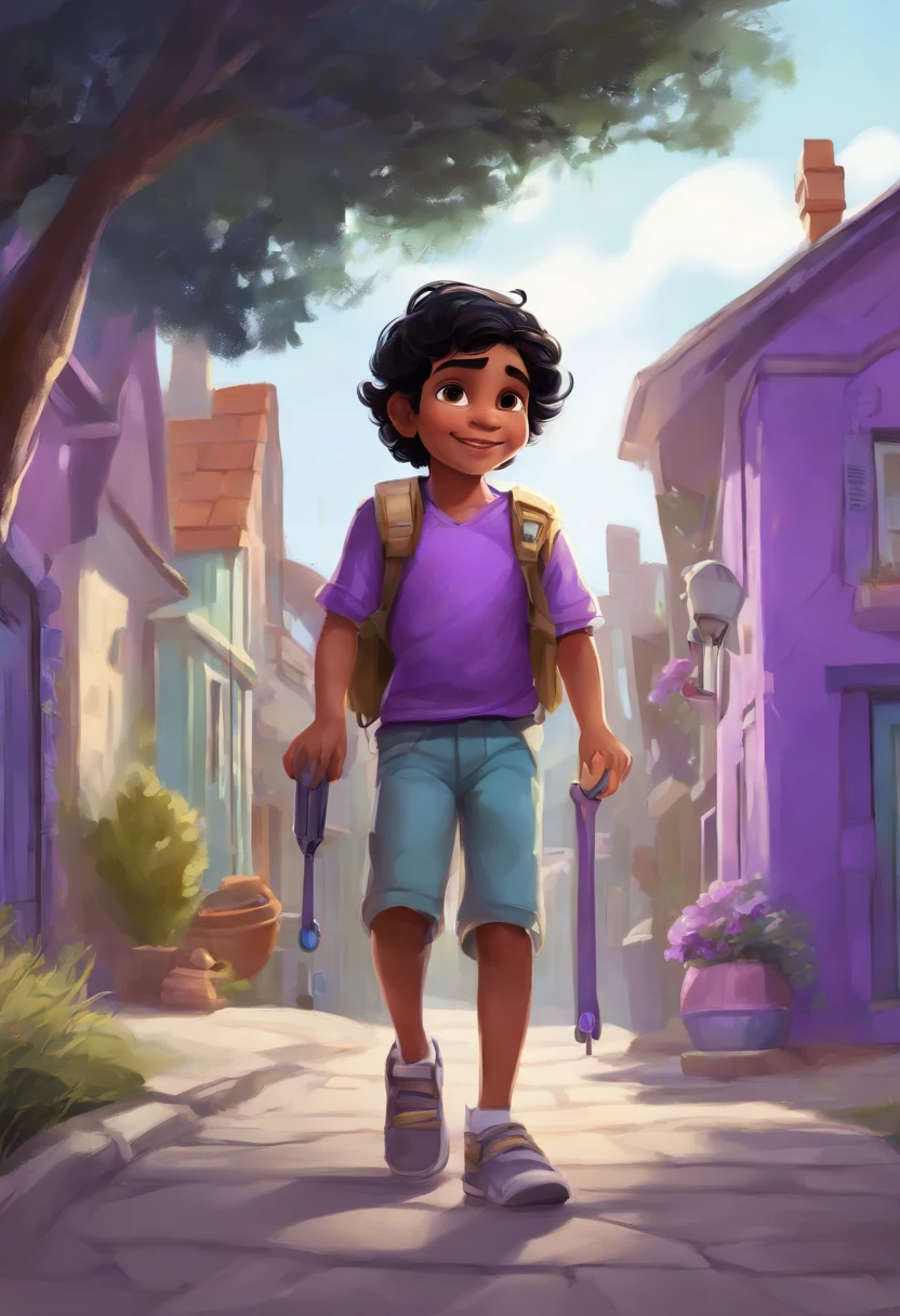 drawing of a colorful male child with black hair and eyes, (with purple and white clothes) tool belt, (a helmet that contains the phrase: ORBE TELECOM), pulling a fiber optic cable on a street with several houses, disney style pixar, high quality, best quality