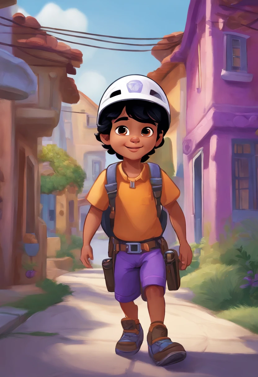 drawing of a colorful male with black hair and eyes, (with purple and white clothes) tool belt, (a helmet that contains the phrase: ORBE TELECOM), pulling a fiber optic cable on a street with several houses, disney style pixar, high quality, best quality