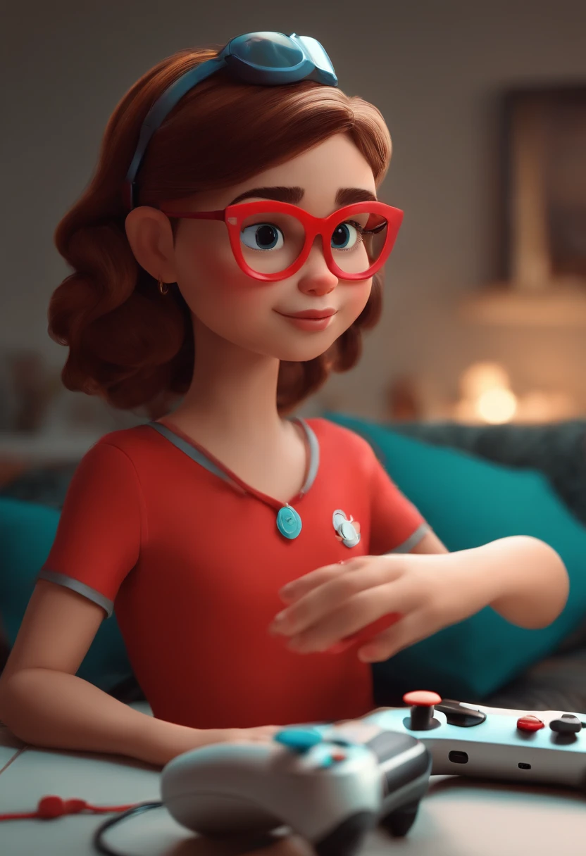 Make a Girl, com cabelos curtos castanhos, de olhos castanhos, branca, Wearing red glasses, como Disney Cartoon, She's playing video games, Pixar, ..3d, Disney