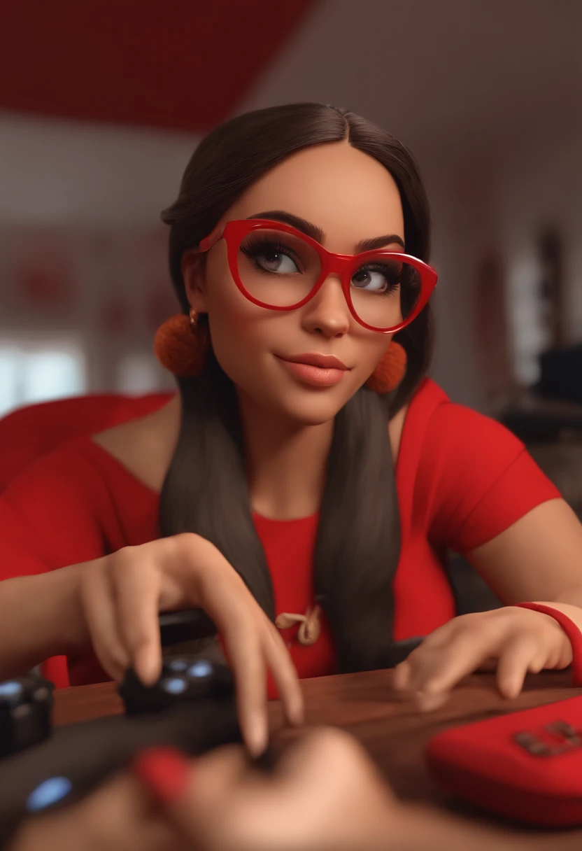 Make a Girl, com cabelos curtos castanhos, de olhos castanhos, branca, Wearing red glasses, como Disney Cartoon, She's playing video games, Pixar, ..3d, Disney