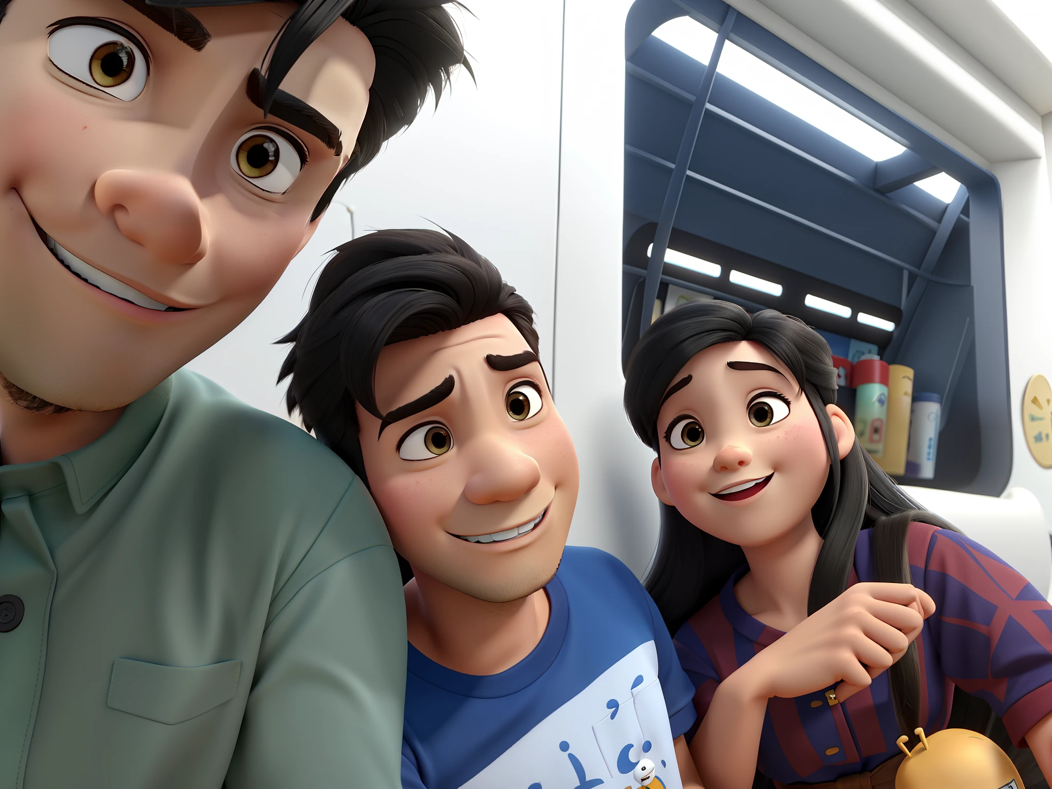 Casal com filho estilo disney pixar melhor qualidade alta qualidade. Homem oriental cabelo curto e mulher oriental cabelos longos lisos e menino oriental cabelo curto
