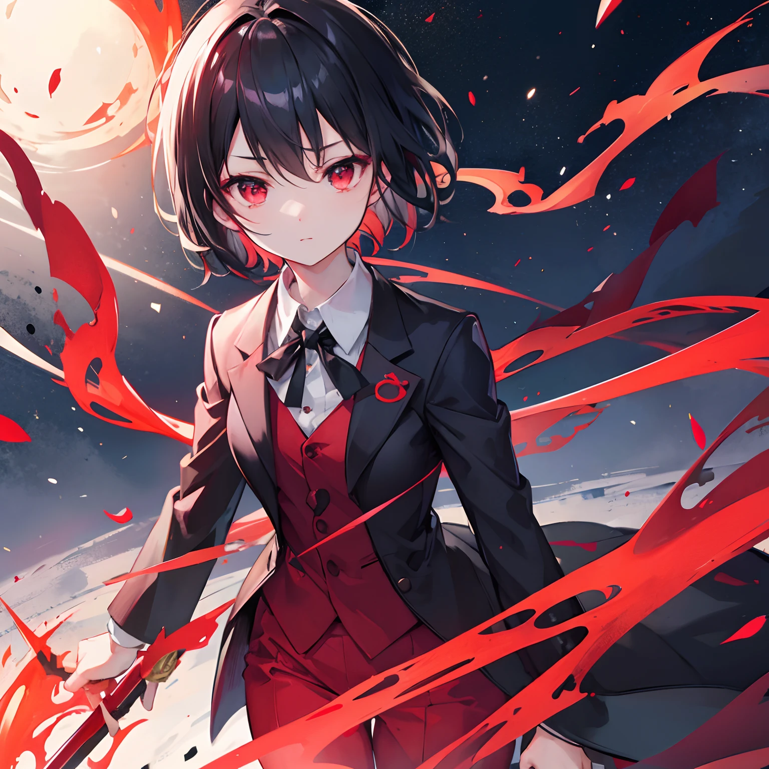 suits、ember、Short-haired black hair、red eyes、nighttime scene