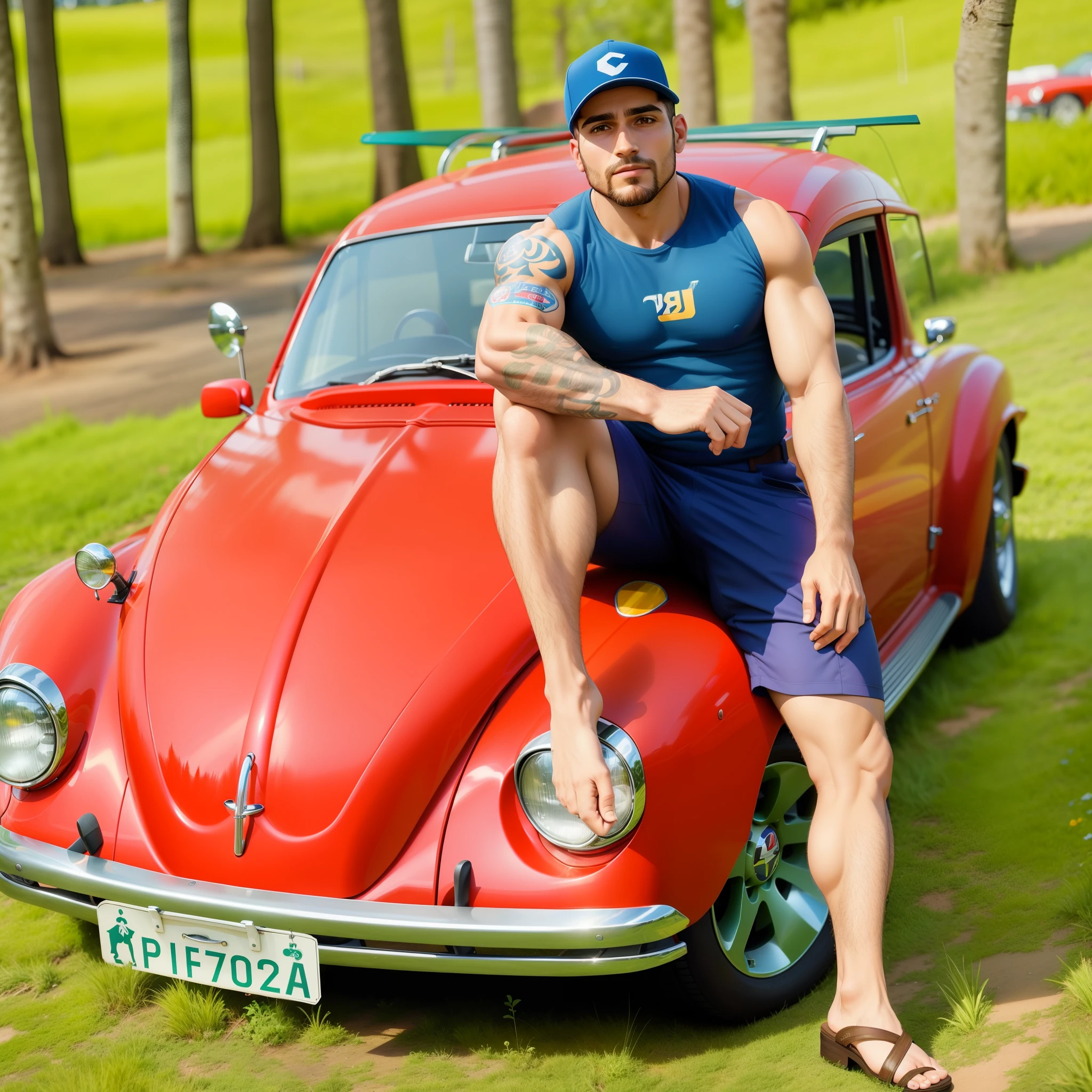 a man in a green transparent white tight bikini highlighting his underlying big bulge, handsome face with detailed facial features, standing next to a sport black Lamborghini car, masculine stocky body, mega muscles, correct accurate male anatomy, correct numbers of fingers and toes, shiny oiled waxy wet sweaty skin and muscles, big erect pink and aerola, big superbig pecs chest, belly button, full body wide shot, thicc thick big thights, big arms, big chest, wearing silver color sunglasses, there is hotel and tropical plants behind, stormy dark black sky, professional shoot and retouch, sharpness, shadow, highlight, depth of field, masterpiece, fined detailed high quality illustration art, artistic