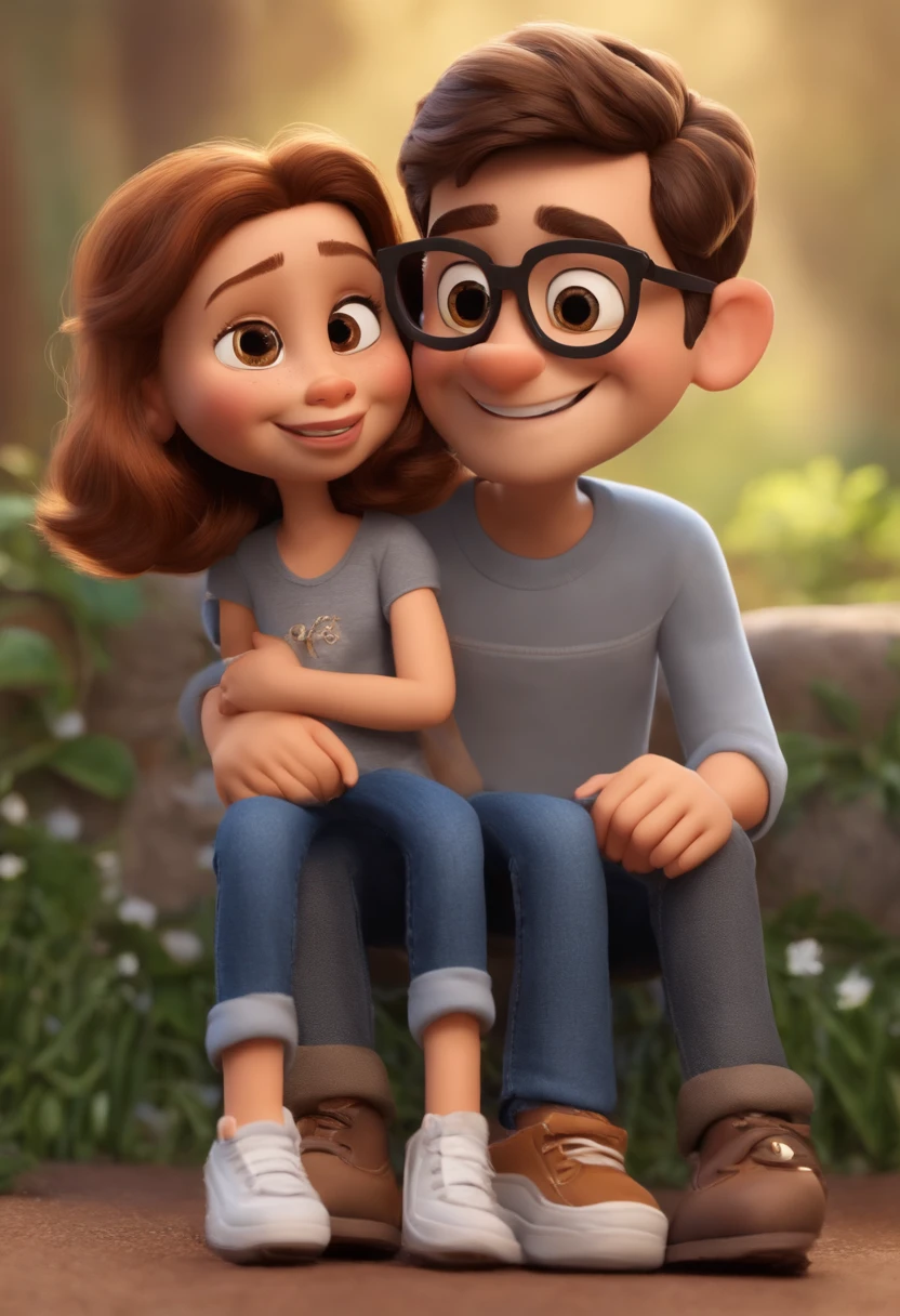 Pixar. Casal com um filhote de cachorro beagle marrom. A menina tem os cabelos loiros amarrados, Camiseta cinza e jeans claro, white glasses. O menino de cabelos pretos com cabelos grisalhos, barba pequena, oculos, Dark blue jeans and gray t-shirt. They are both smiling and are 40 years old