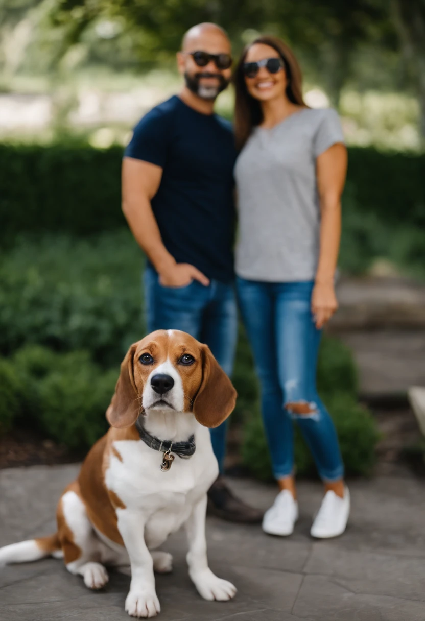 Pixar. Casal com um filhote de cachorro beagle marrom. A menina tem os cabelos loiros amarrados, Camiseta cinza e jeans claro, white glasses. O menino de cabelos pretos com cabelos grisalhos, barba pequena, oculos, Dark blue jeans and gray t-shirt. They are both smiling and are 40 years old