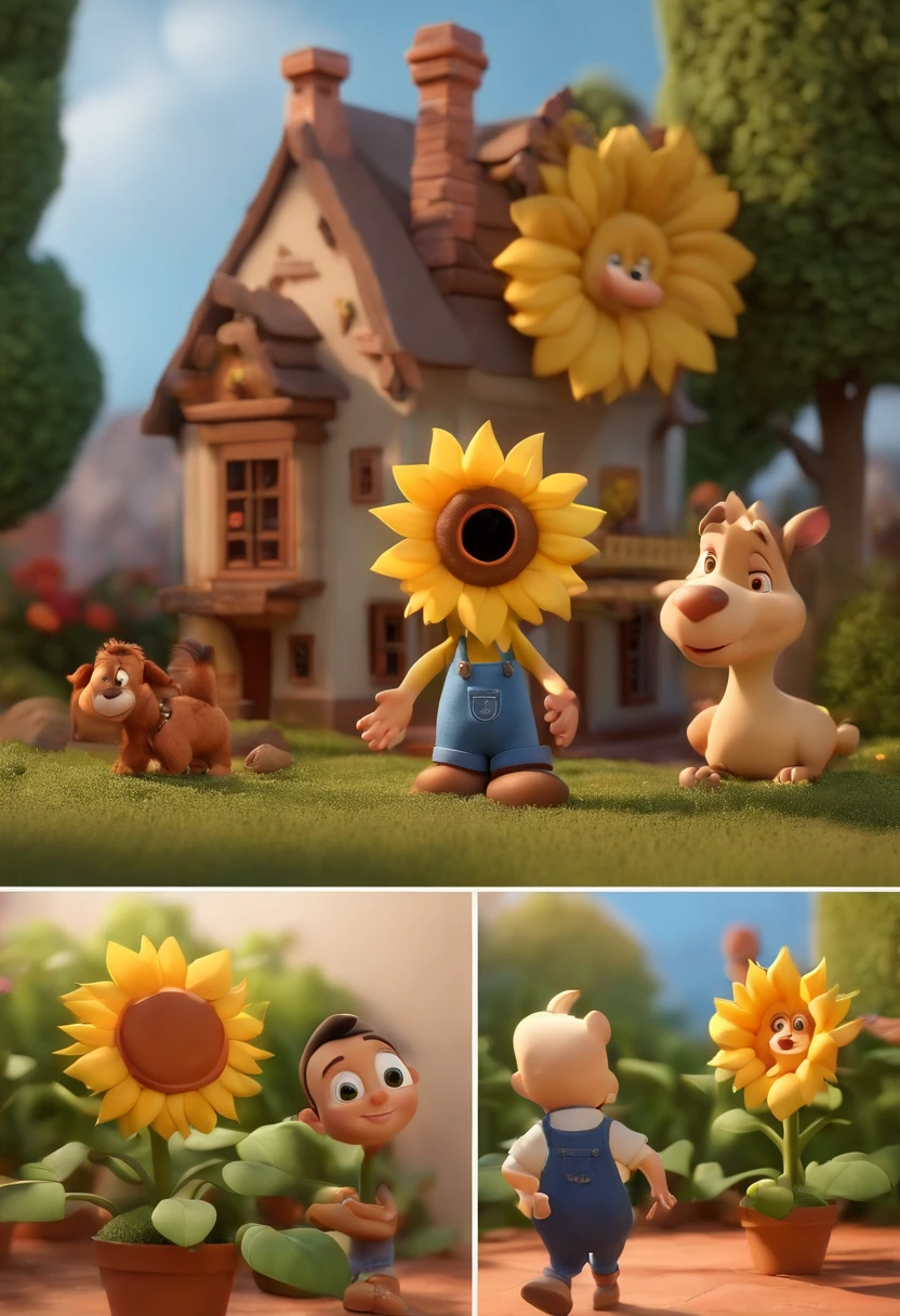 Create a Disney PIXAR-style 3D poster. ((centro da imagem, Triplets)), ((3 children)) ((1 menino no meio e 2 meninas ao lado, They're hugging each other, O menino tem pele castanha e cabelos castanhos escuros e olhos castanhos escuros, 1 menina tem pele clara, olhos e cabelos escuros e cacheados, e a outra menina tem pele morena, olhos escuros e cabelos escuros e lisos)) ((tudo isso no estilo Disney PIXAR 3D, In the background, A house of sunflowers, Gloria Studio, The garden is full of nature 3D render RTX clay material, estilo de design cartunesco, POP Mart, soft lighting, linhas suaves, Spring tilt, Detailed illustrations of PIXAR 3D, Detalhes hiper-realistas, cor quente no estilo Disney PIXAR 3D))