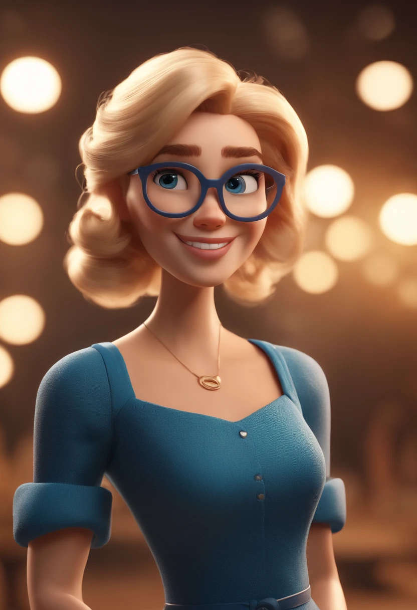 Cartoon character of a blonde woman with red glasses and a blue dress, animation character, Caractere estilizado, animation style rendering, 3D estilizado, Arnold Maya render, 3 d render stylized, toon render keyshot, Personagem 3D, Personagem 3D, 3d rendering stylized, 3 d character render, personagem de desenho animado, Personagem de close up, Pose de personagem,  (Estilo Pixar) (master part:1.2) (Bokeh) (best quality) (pele detalhada) (textura detalhada) (8k) (argila) (Cinematic lighting) (foco nítido