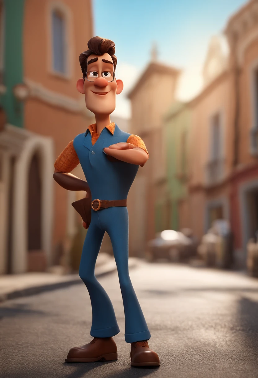 Cartoon character of a man standing on the side of the road with his arms crossed, david rios ferreira, inspired by Antonio Parreiras, Henry Alvim Correa, by Antonio Parreiras, andres rios, icaro carvalho, by Veno Pilon, inspired by Edi Rama with black glasses and a blue shirt, animation character, Caractere estilizado, animation style rendering, 3D estilizado, Arnold Maya render, 3 d render stylized, toon render keyshot, Personagem 3D, Personagem 3D, 3d rendering stylized, 3 d character render, personagem de desenho animado, Personagem de close up, Pose de personagem, (Estilo Pixar) (master part:1.2) (Bokeh) (best quality) (pele detalhada) (textura detalhada) (8k) (argila) (Cinematic lighting) (foco nítido