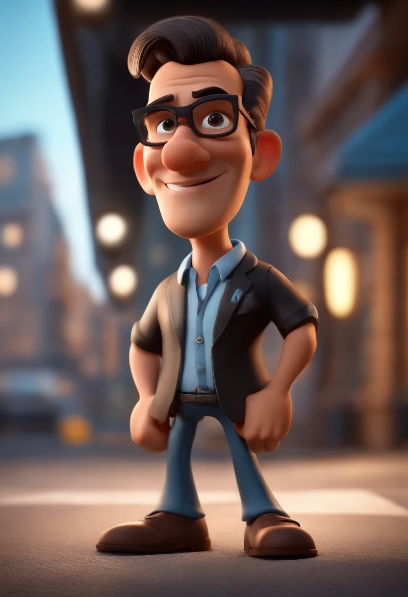 Cartoon character of a man standing on the side of the road with his arms crossed, david rios ferreira, inspired by Antonio Parreiras, Henry Alvim Correa, by Antonio Parreiras, andres rios, icaro carvalho, by Veno Pilon, inspired by Edi Rama with black glasses and a blue shirt, animation character, Caractere estilizado, animation style rendering, 3D estilizado, Arnold Maya render, 3 d render stylized, toon render keyshot, Personagem 3D, Personagem 3D, 3d rendering stylized, 3 d character render, personagem de desenho animado, Personagem de close up, Pose de personagem, (Estilo Pixar) (master part:1.2) (Bokeh) (best quality) (pele detalhada) (textura detalhada) (8k) (argila) (Cinematic lighting) (foco nítido
