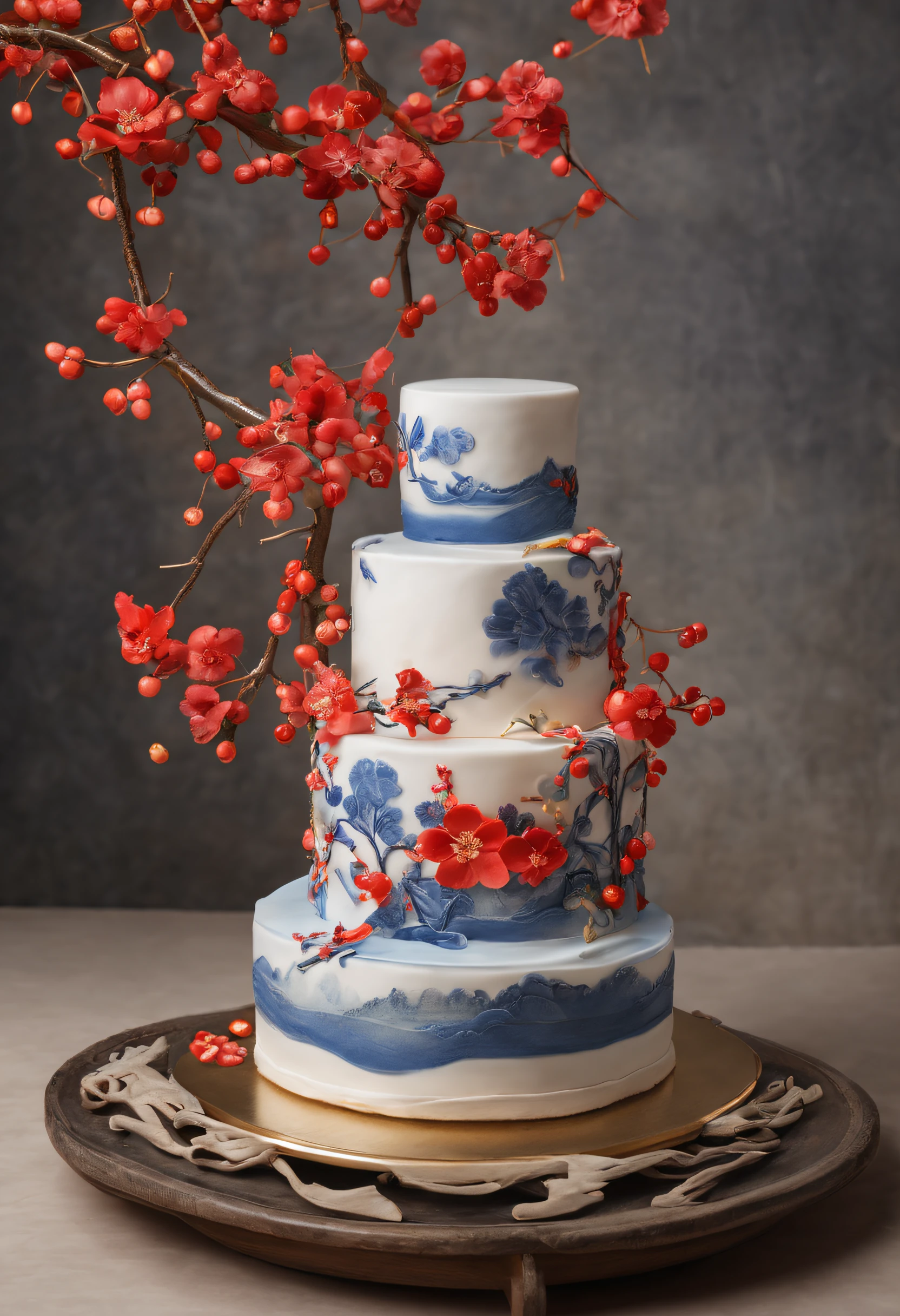 （Cake on a plate） ，Blue and white design, cake art, Blue, White and gold, Jelly cake, Blue and white clothes, The edge of the cake，Complex pastry-making techniques，Delicate lace loops were made。These laces are predominantly golden yellow and red，It is inlaid with a variety of small and delicate red cherries、Green grapes、kumquat,，Autumn foliage and cherry blossoms、Hibiscus flowers add a rich color and texture to the cake，At the same time, It also symbolizes China's prosperity and abundance。chinese blue and white porcelain, Cake sculpture
Add a little background: Dark blue,close up photograph,Photography,a beautiful painting by Tan Yin,Alphonse Mucha,Ukiyo-e art,,Masterpiece,Chinese painting,dripping paint,author：nobuyoshi araki, author：paul barson,Mellow Atmosphere,Calm atmosphere,Depth of field (degrees of freedom),Close up,gentle illumination, --AR 9:16 --style raw --upbeta3D rendering