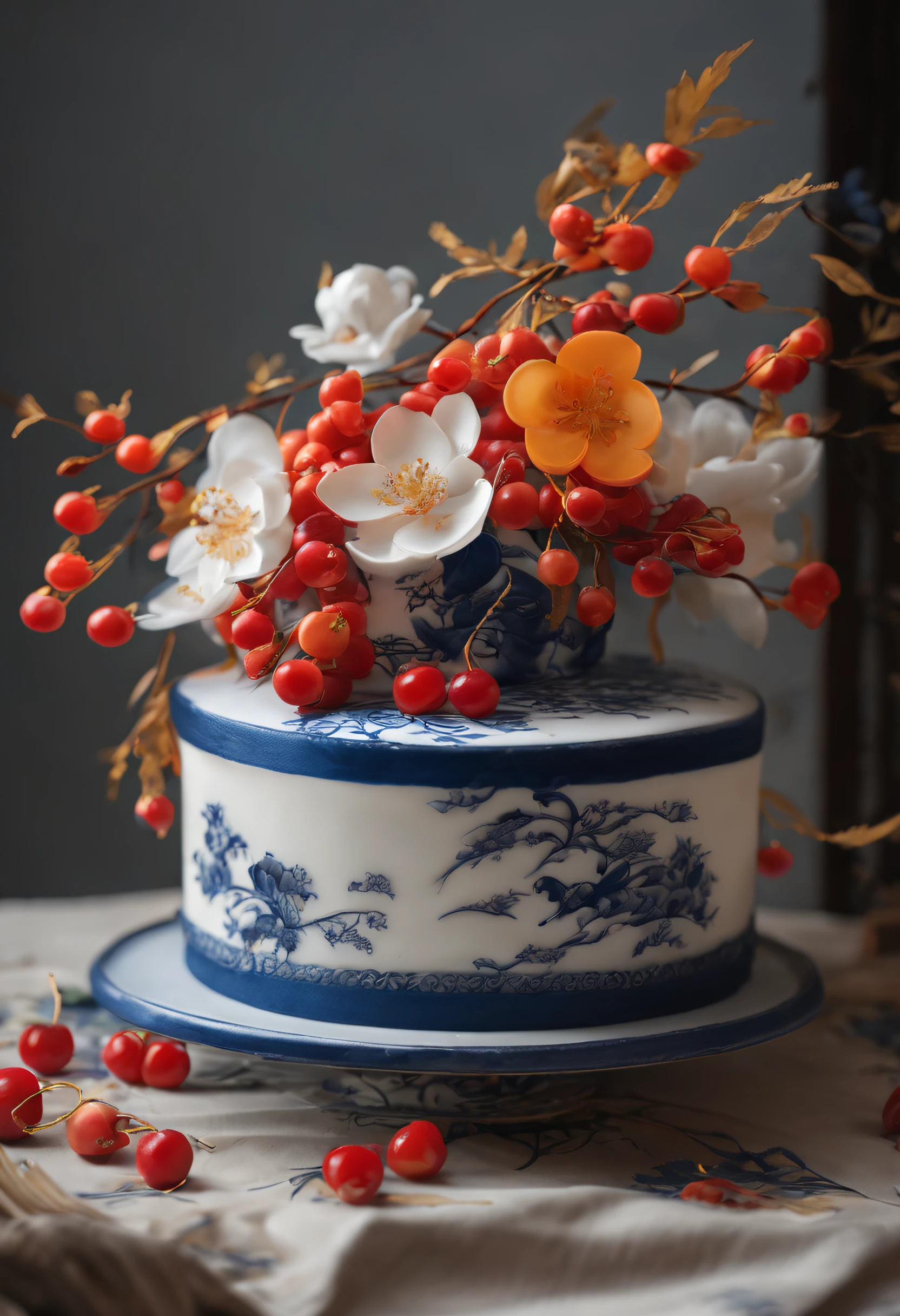 （Cake on a plate） ，Blue and white design, cake art, Blue, White and gold, Jelly cake, Blue and white clothes, The edge of the cake，Complex pastry-making techniques，Delicate lace loops were made。These laces are predominantly golden yellow and red，It is inlaid with a variety of small and delicate red cherries、Green grapes、kumquat,，Autumn foliage and cherry blossoms、Hibiscus flowers add a rich color and texture to the cake，At the same time, It also symbolizes China's prosperity and abundance。chinese blue and white porcelain, Cake sculpture
Add a little background: Dark blue,close up photograph,Photography,a beautiful painting by Tan Yin,Alphonse Mucha,Ukiyo-e art,,Masterpiece,Chinese painting,dripping paint,author：nobuyoshi araki, author：paul barson,Mellow Atmosphere,Calm atmosphere,Depth of field (degrees of freedom),Close up,gentle illumination, --AR 9:16 --style raw --upbeta3D rendering