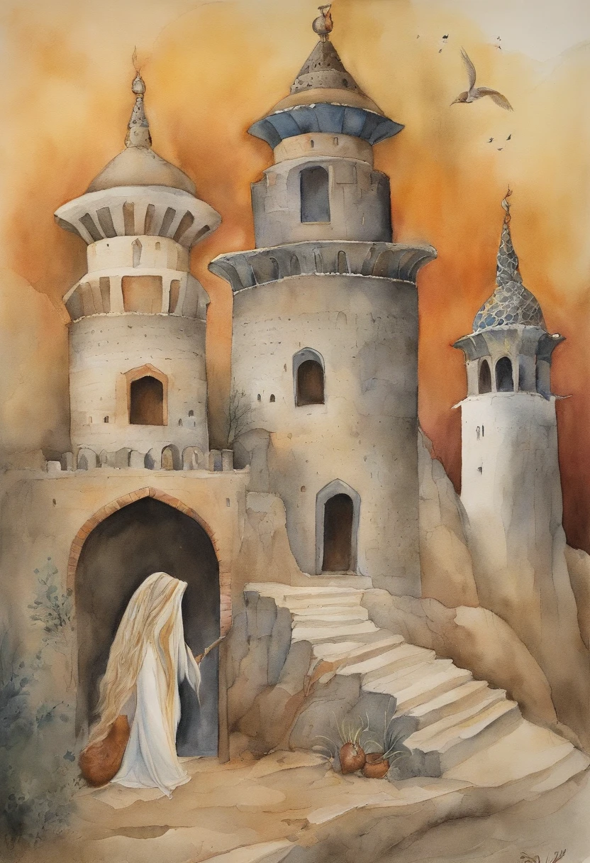 Zal and Rudabeh's secret meeting (where Rudabe throws her hair down from the tower and Zal kisses her hair) from Shahnameh book of Ferdowsi, Zal with white hair, Rudabeh with long black hair, 1970s fantasy book cover art
