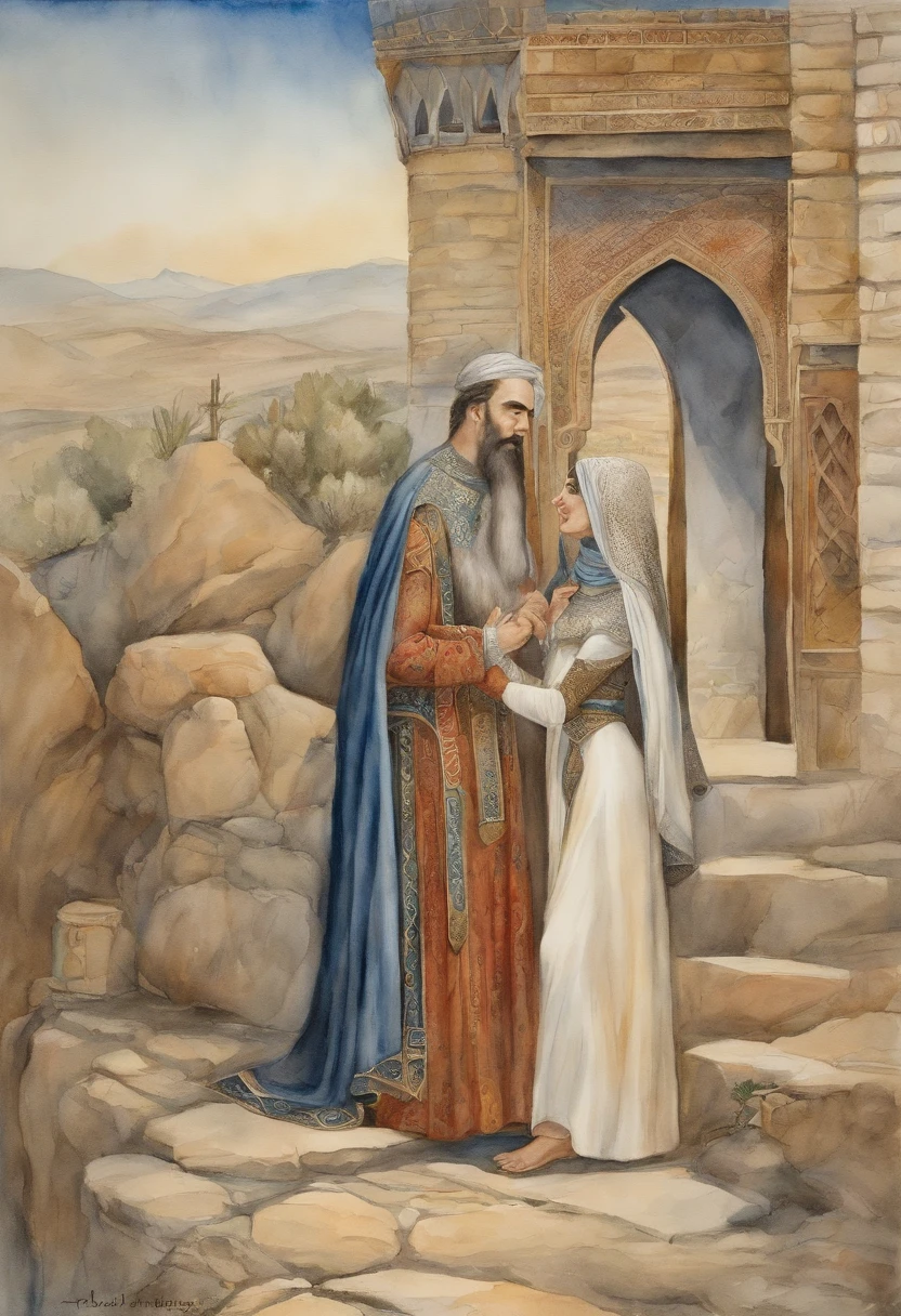 Zal and Rudabeh's secret meeting (where Rudabe throws her hair down from the tower and Zal kisses her hair) from Shahnameh book of Ferdowsi, Zal with white hair, Rudabeh with long black hair, 1970s fantasy book cover art