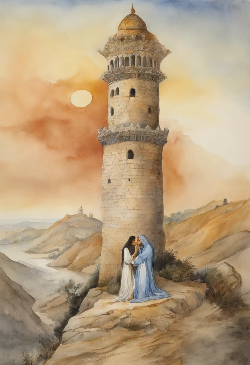 Zal and Rudabeh's secret meeting (where Rudabe throws her hair down from the tower and Zal kisses her hair) from Shahnameh book of Ferdowsi, Zal with white hair, Rudabeh with long black hair, 1970s fantasy book cover art