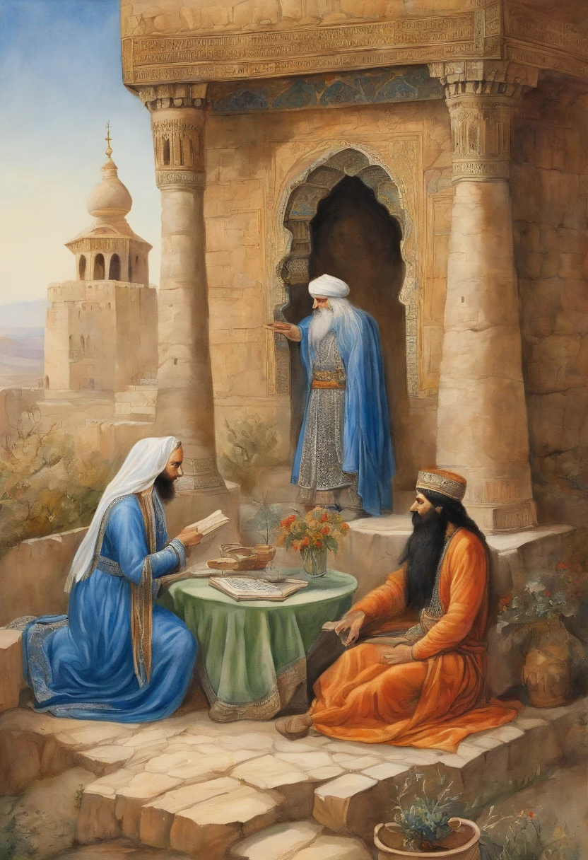 Zal and Rudabeh's secret meeting (where Rudabe throws her hair down from the tower and Zal kisses her hair) from Shahnameh book of Ferdowsi, Zal with white hair, Rudabeh with long black hair, 1970s fantasy book cover art