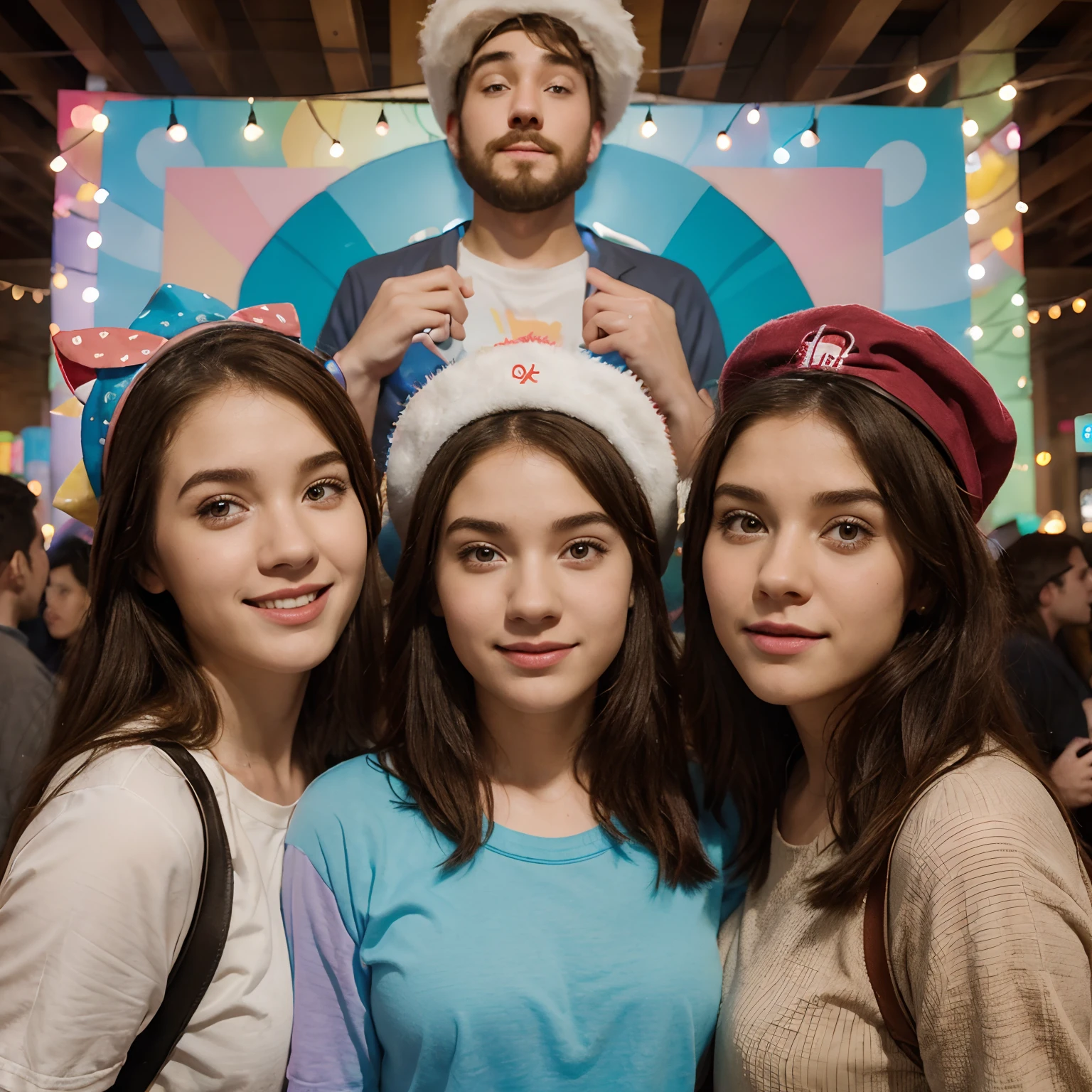 create a Pixar-style art with several young people, Men and women wearing various types of hat and eating pastel happily and Jesus Christ in the background blessing them at a party
