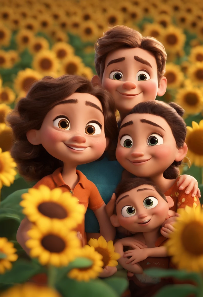 Create a Disney PIXAR-style 3D poster. ((centro da imagem, Triplets)), ((3 )) ((1 menino no meio e 2 meninas ao lado, They're hugging each other, O menino tem pele castanha e cabelos castanhos escuros e olhos castanhos escuros, 1 menina tem pele clara, olhos e cabelos escuros e cacheados, e a outra menina tem pele morena, olhos escuros e cabelos escuros e lisos)) ((tudo isso no estilo Disney PIXAR 3D, In the background, A house of sunflowers, Gloria Studio, The garden is full of nature 3D render RTX clay material, estilo de design cartunesco, POP Mart, soft lighting, linhas suaves, Spring tilt, Detailed illustrations of PIXAR 3D, Detalhes hiper-realistas, cor quente no estilo Disney PIXAR 3D))
