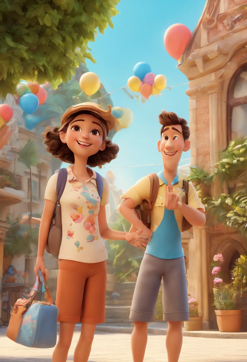 Cartoon of friends having fun on vacation together,  3D Animation Movie Poster, Poster de filme animado, pixar 3 d animation style, pixar renderman rendering, maia 8 mil, animated film, Disney Pixar Estilo 3D, amigos felizes saem juntos, all wearing light blue shirts and cream brown long pants, camisa azul clara, cream brown pants, ao ar livre, vacation, Disney Pixar Animation Poster