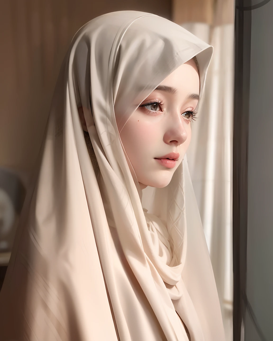 there is a arabic woman wearing a hijab looking out a window, hijab, veiled, white hijab, veiled face, beautiful delicate face, very beautiful girl, lovely delicate face, pale-skinned persian girl, beautiful, beautiful arab woman, high quality portrait, portait photo profile picture, traditional beauty, very extremely beautiful, muslim, beautifully, beautiful girl, beautiful image