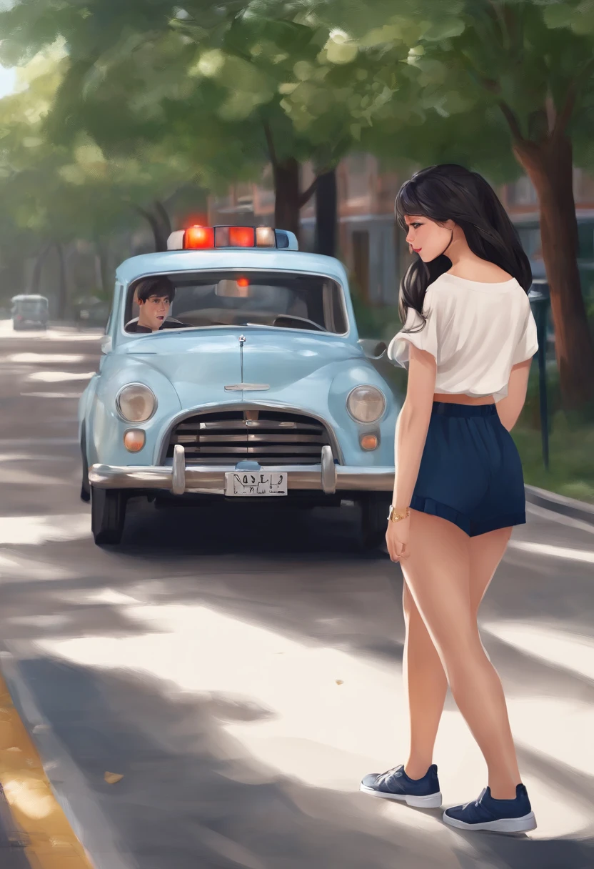 Road, police car, best quality, masterpiece, black hair,18 years old pretty girl,dark blue bloomers,white gym clothes,wearing dark blue bloomers,ass through bloomers,smile,white skin,standing,two are good friends,lesbian,flirting,hugging,laughing,shy,