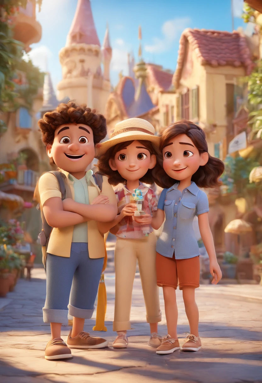 Cartoon of friends having fun on vacation together, 3D Animation Movie Poster, Poster de filme animado, pixar 3 d animation style, pixar renderman rendering, maia 8 mil, animated film, Disney Pixar Estilo 3D, amigos felizes saem juntos, all wearing light blue shirts and cream brown long pants, camisa azul clara, cream brown pants, ao ar livre, vacation, Disney Pixar Animation Poster